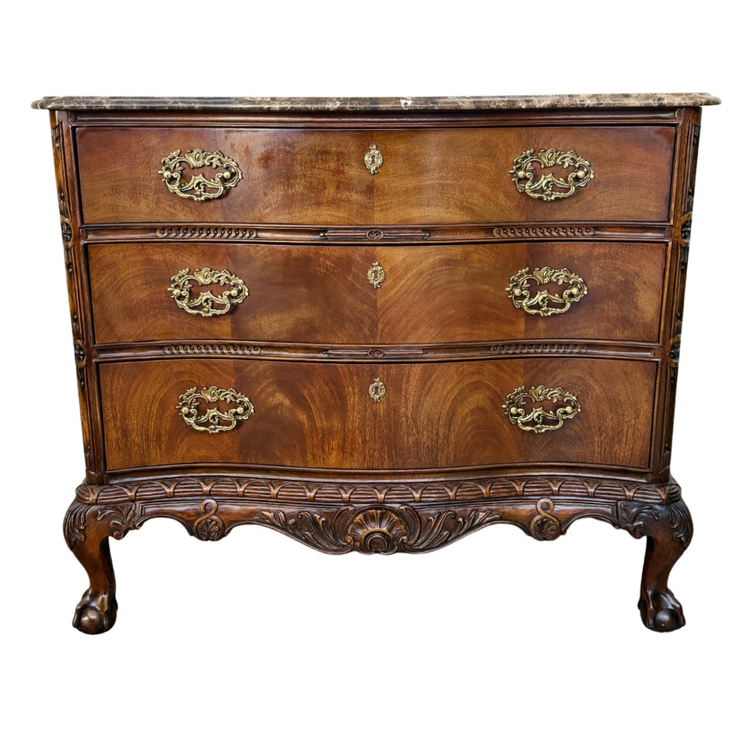 Henredon Louis XV Style Serpentine Mahogany Commode With Marble Top & Ball and Claw Feet