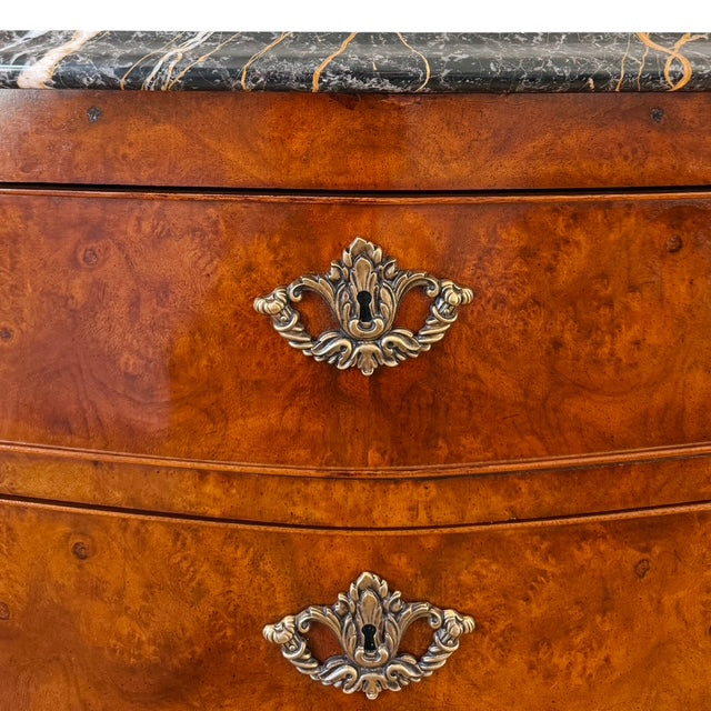 Henredon Villandry French Provincial Louis XV Burl Wood Italian Marble Top Bombe Chest - 3 Drawer Serpentine Commode