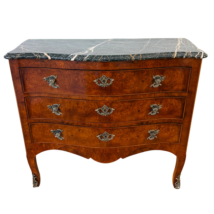 Henredon Villandry French Provincial Louis XV Burl Wood Italian Marble Top Bombe Chest - 3 Drawer Serpentine Commode