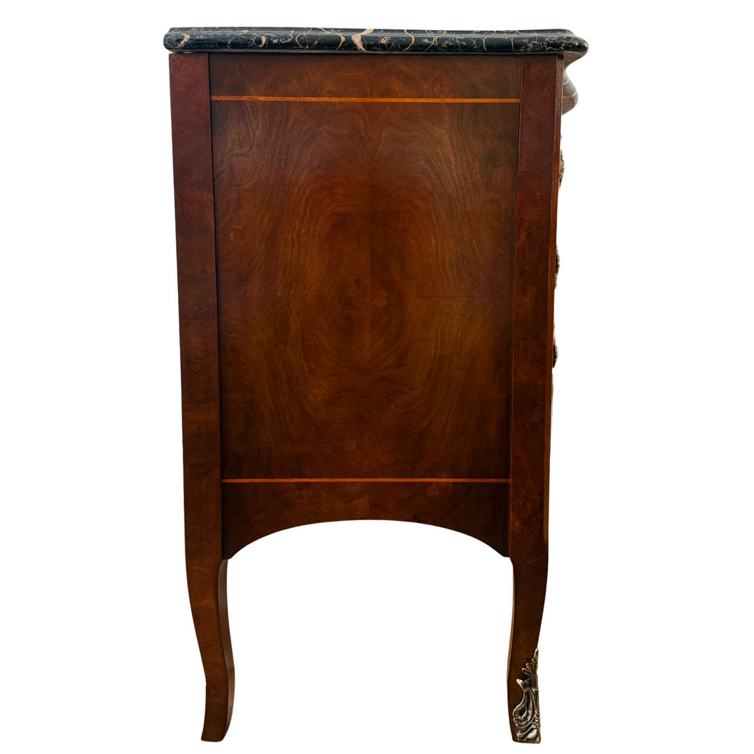 Henredon Villandry French Provincial Louis XV Burl Wood Italian Marble Top Bombe Chest - 3 Drawer Serpentine Commode