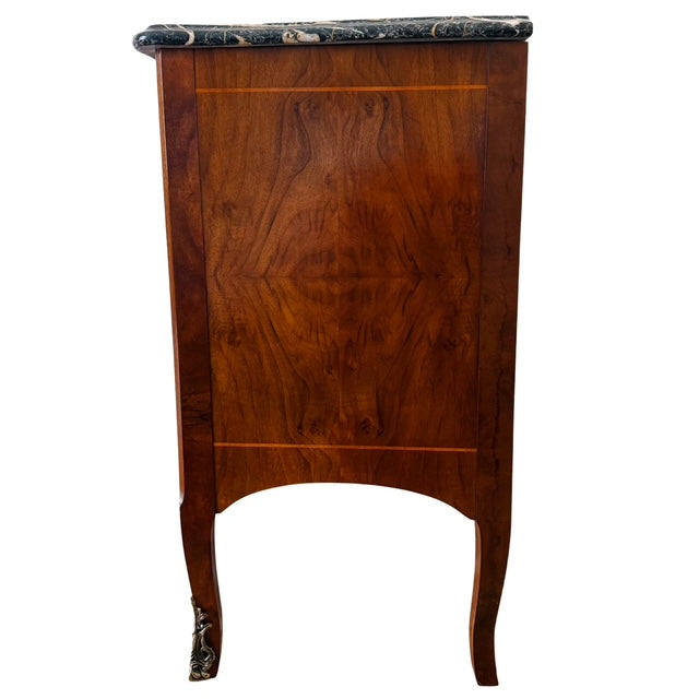 Henredon Villandry French Provincial Louis XV Burl Wood Italian Marble Top Bombe Chest - 3 Drawer Serpentine Commode