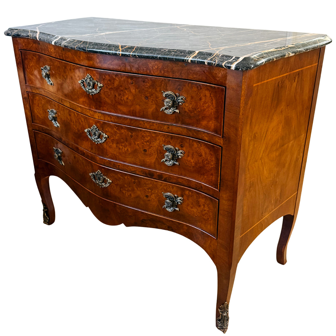 Henredon Villandry French Provincial Louis XV Burl Wood Italian Marble Top Bombe Chest - 3 Drawer Serpentine Commode