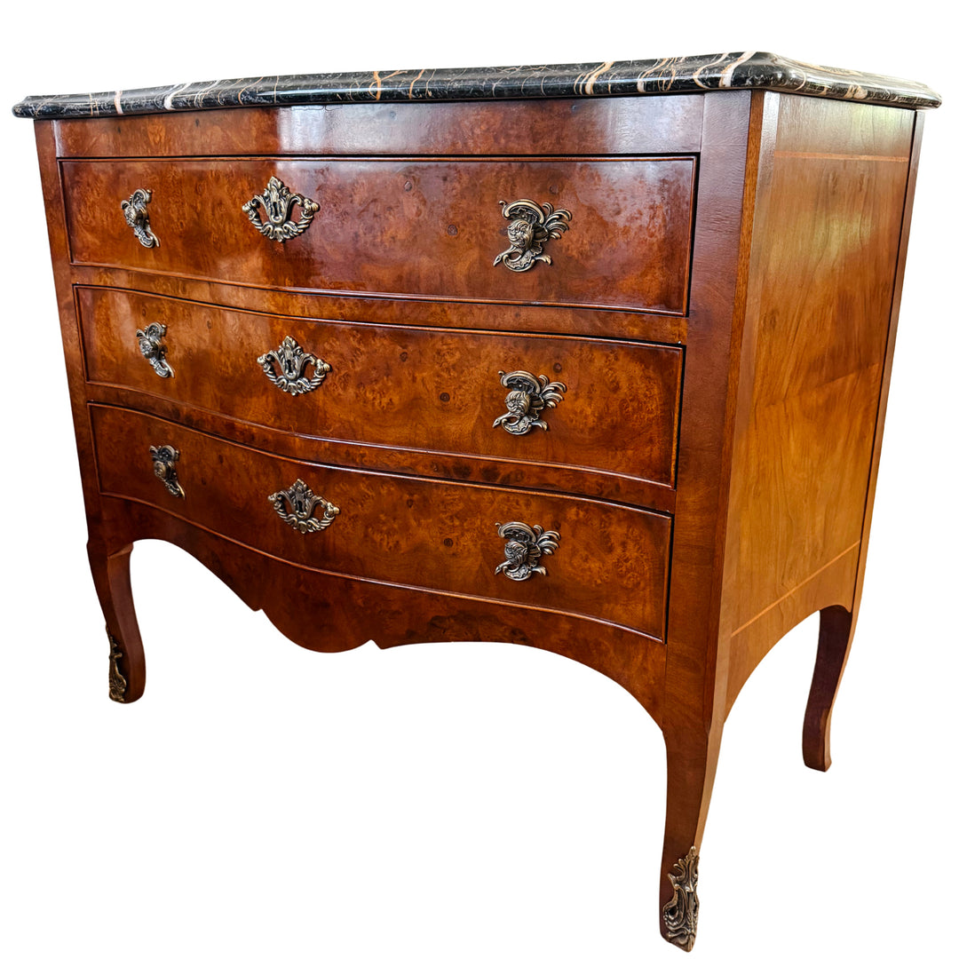 Henredon Villandry French Provincial Louis XV Burl Wood Italian Marble Top Bombe Chest - 3 Drawer Serpentine Commode