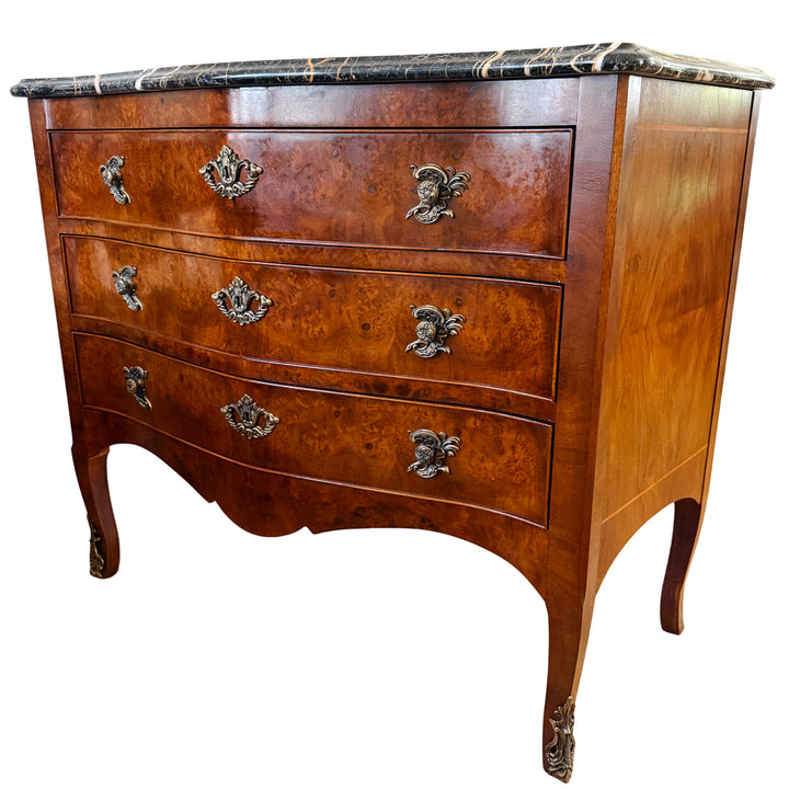 Henredon Villandry French Provincial Louis XV Burl Wood Italian Marble Top Bombe Chest - 3 Drawer Serpentine Commode