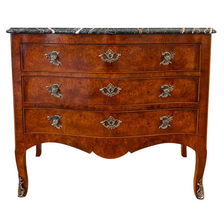 Henredon Villandry French Provincial Louis XV Burl Wood Italian Marble Top Bombe Chest - 3 Drawer Serpentine Commode