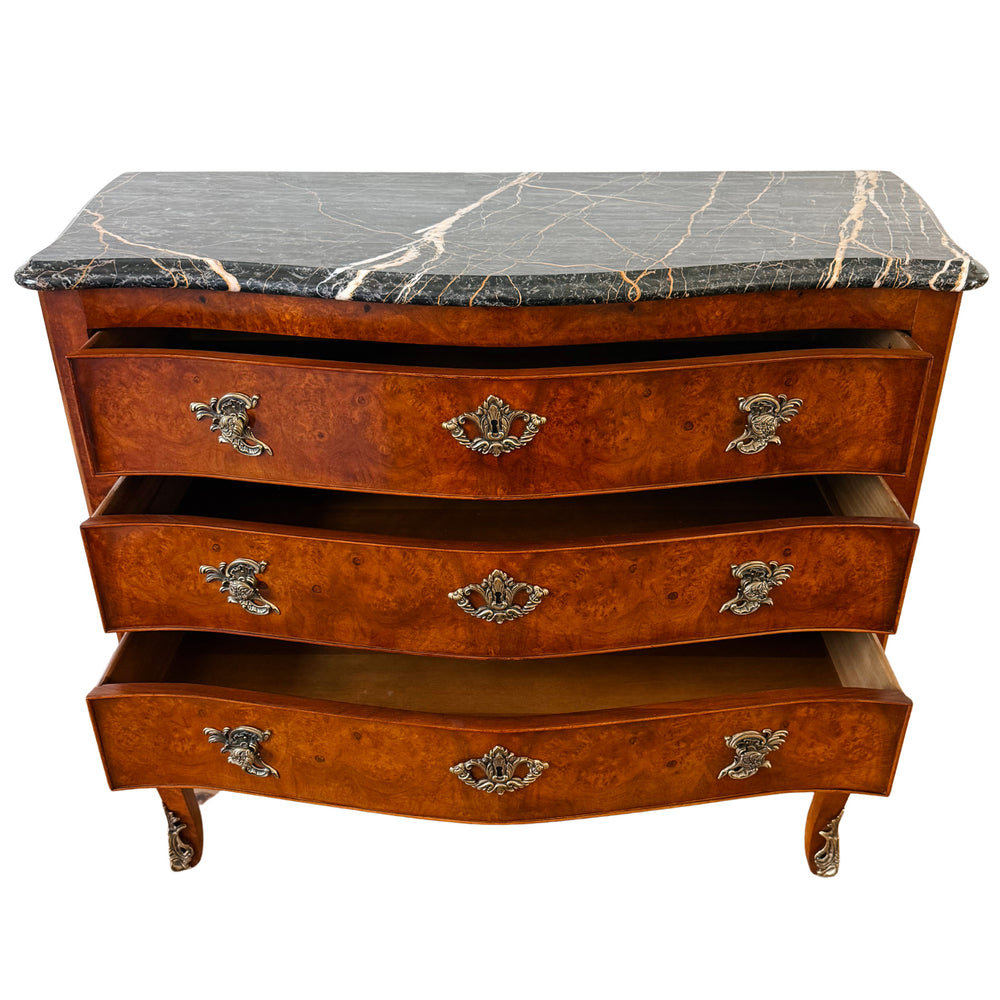 Henredon Villandry French Provincial Louis XV Burl Wood Italian Marble Top Bombe Chest - 3 Drawer Serpentine Commode