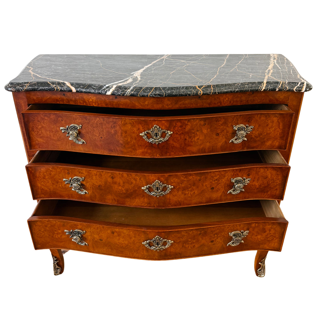 Henredon Villandry French Provincial Louis XV Burl Wood Italian Marble Top Bombe Chest - 3 Drawer Serpentine Commode