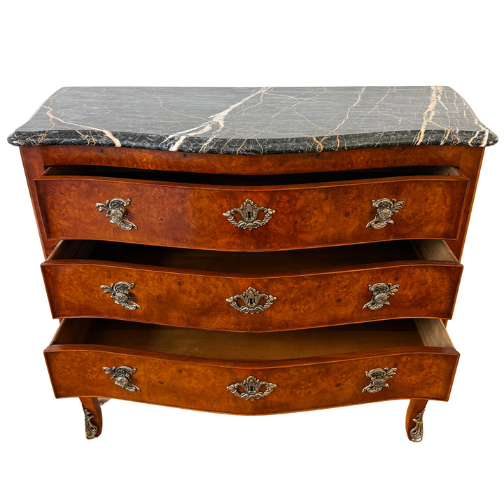 Henredon Villandry French Provincial Louis XV Burl Wood Italian Marble Top Bombe Chest - 3 Drawer Serpentine Commode