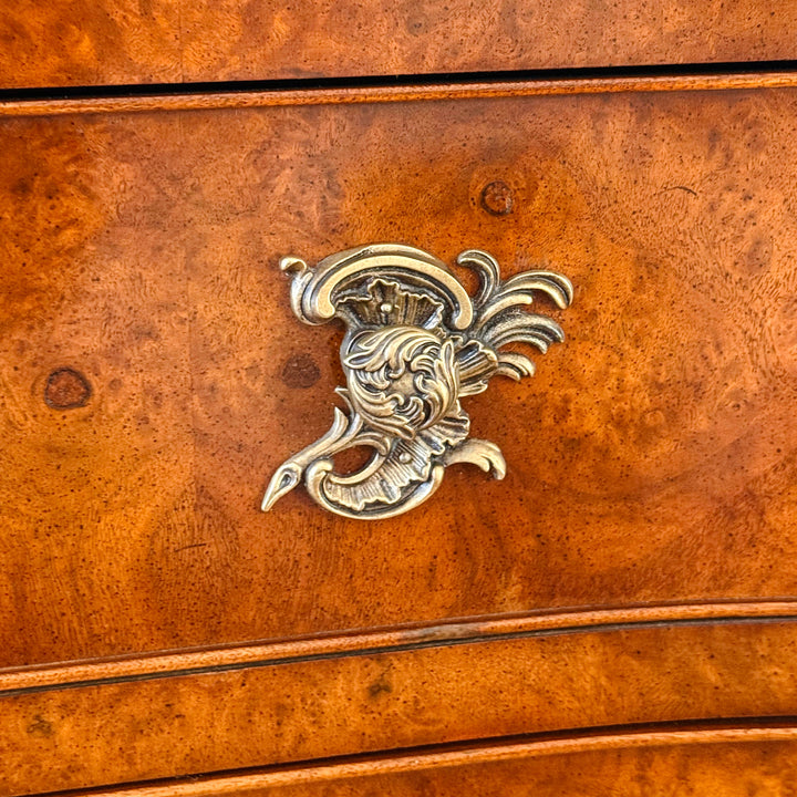 Henredon Villandry French Provincial Louis XV Burl Wood Italian Marble Top Bombe Chest - 3 Drawer Serpentine Commode