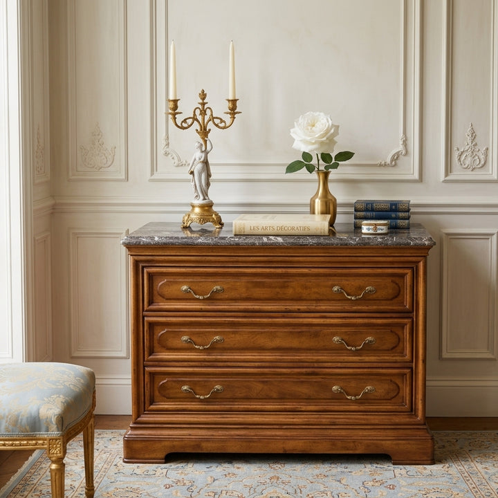 Henredon French Provincial 3-Drawer Commode Chest With Italian Marble Top