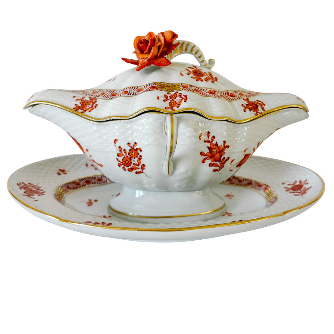 Herend Chinese Bouquet Rust Gravy Boat With Attached Plate & Lid and Rose Finial