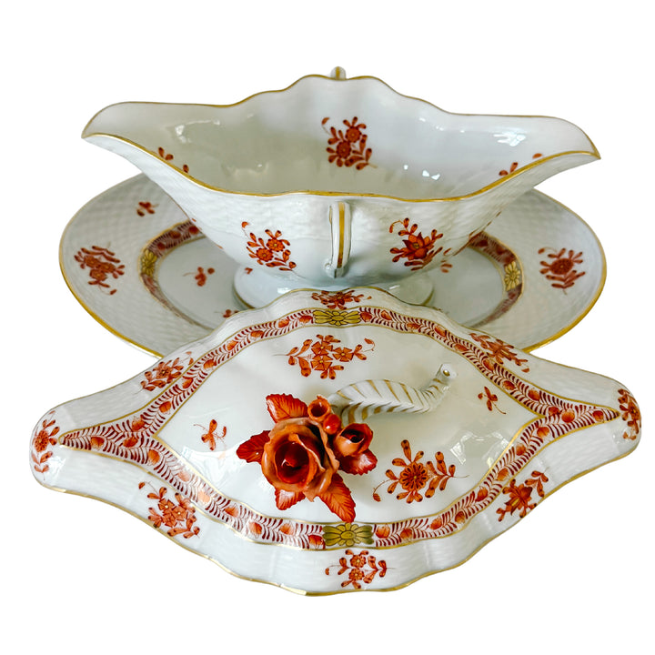 Herend Chinese Bouquet Rust Gravy Boat With Attached Plate & Lid and Rose Finial