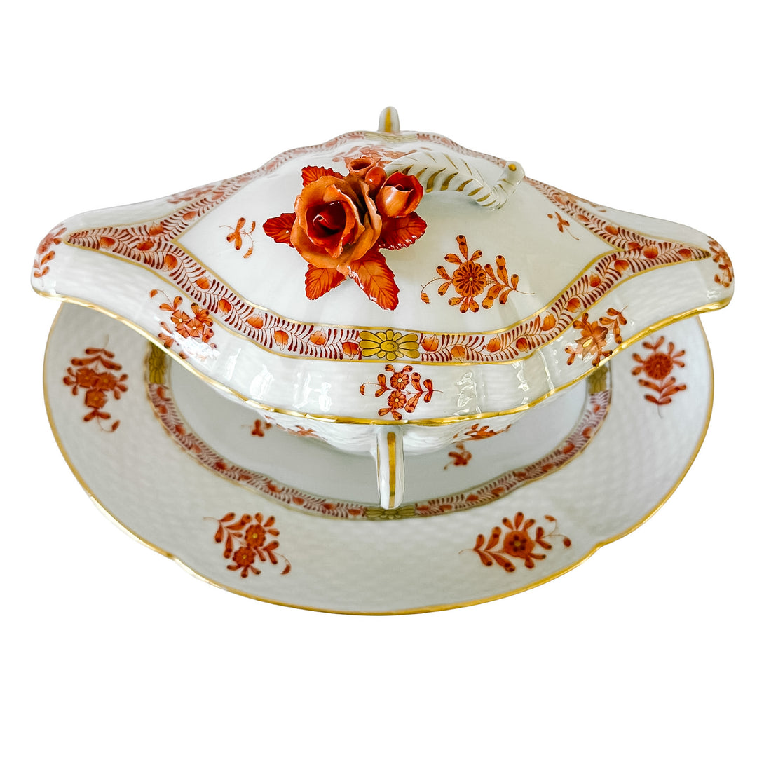 Herend Chinese Bouquet Rust Gravy Boat With Attached Plate & Lid and Rose Finial