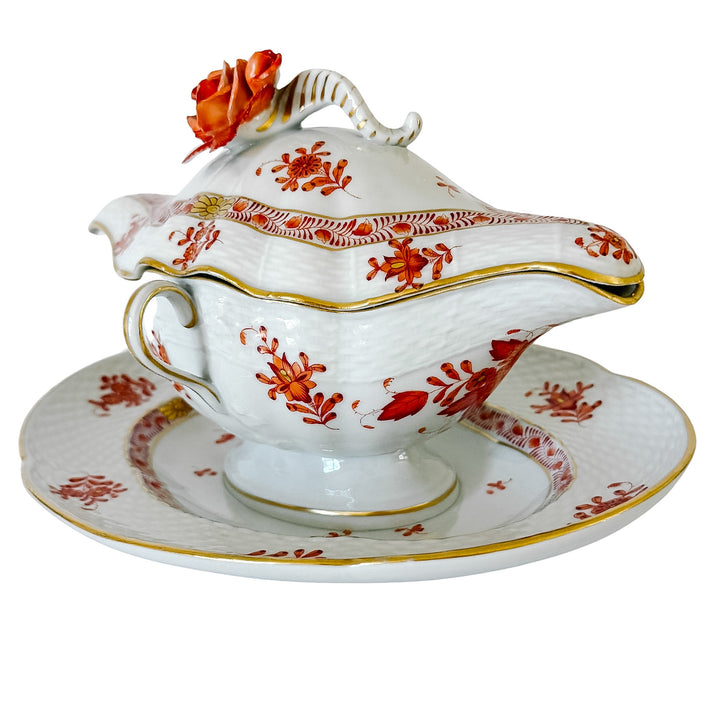 Herend Chinese Bouquet Rust Gravy Boat With Attached Plate & Lid and Rose Finial