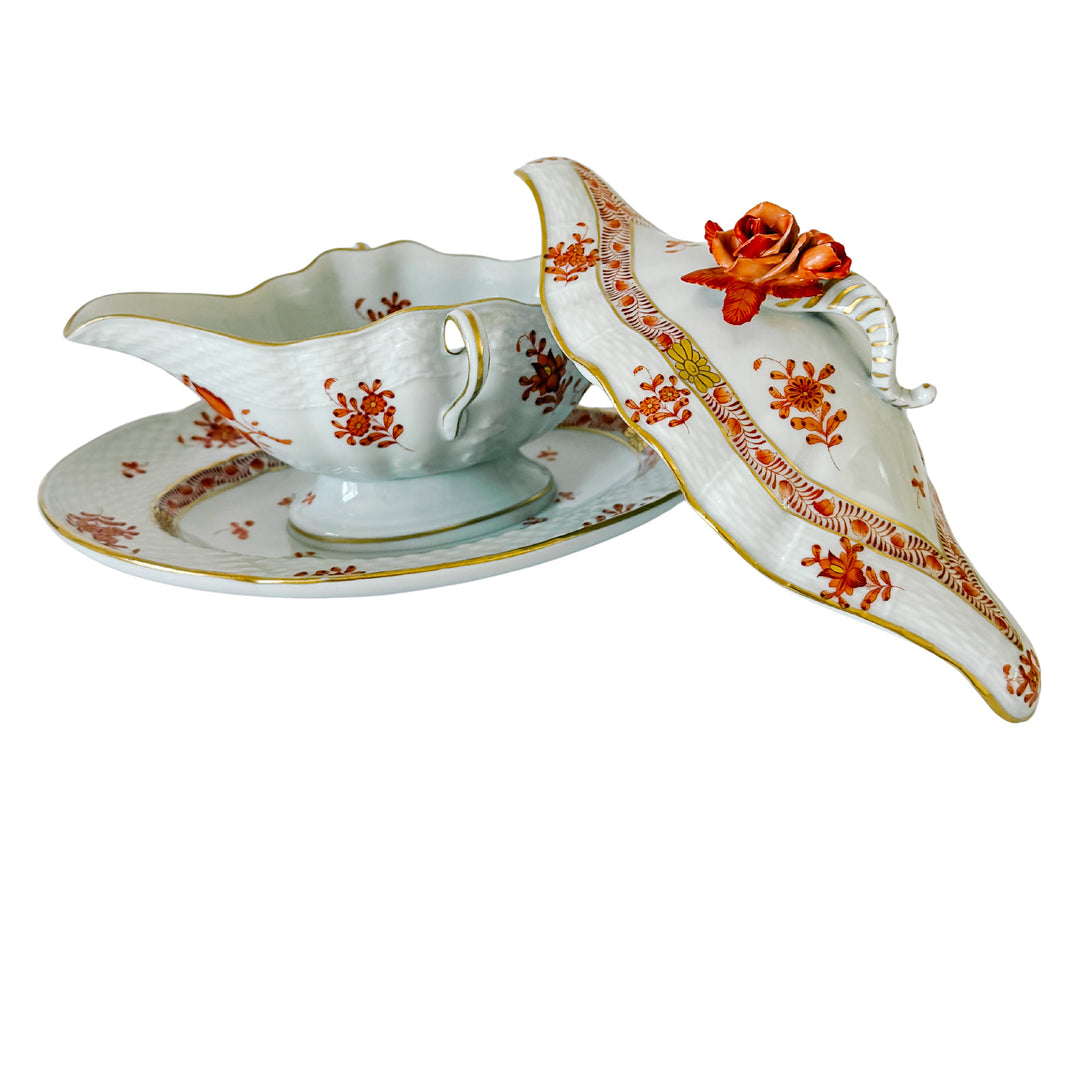 Herend Chinese Bouquet Rust Gravy Boat With Attached Plate & Lid and Rose Finial