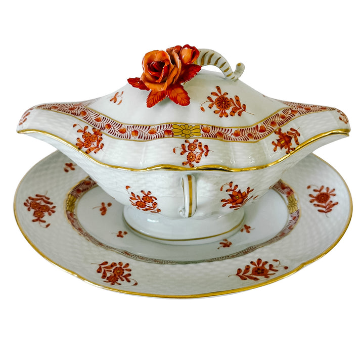 Herend Chinese Bouquet Rust Gravy Boat With Attached Plate & Lid and Rose Finial