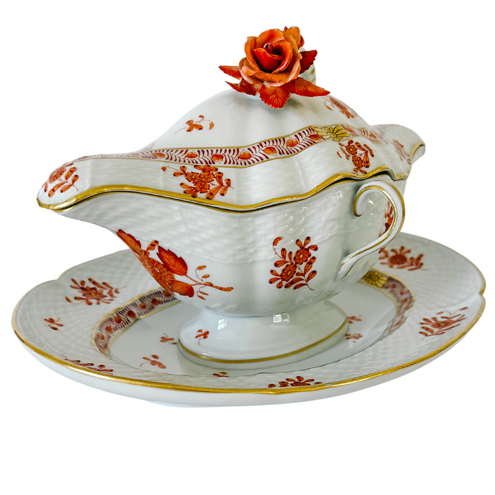 Herend Chinese Bouquet Rust Gravy Boat With Attached Plate & Lid and Rose Finial