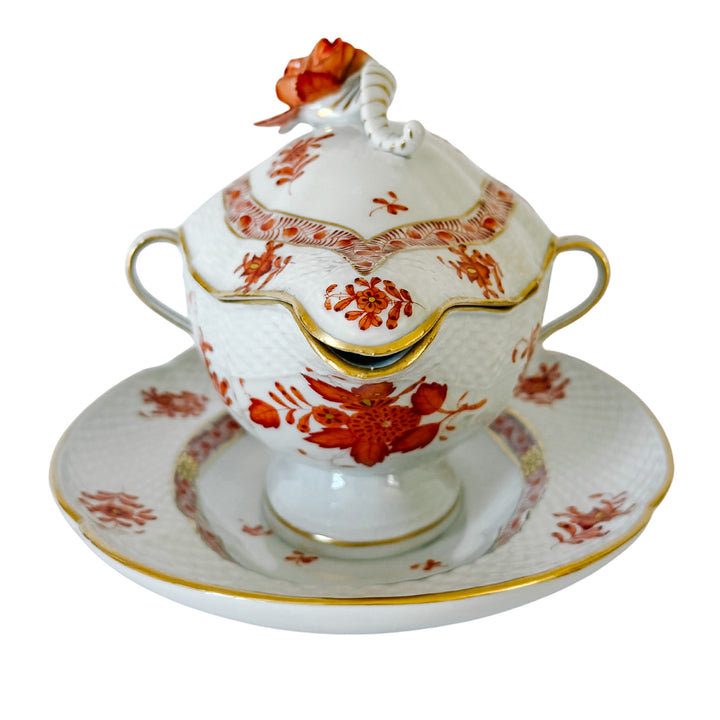 Herend Chinese Bouquet Rust Gravy Boat With Attached Plate & Lid and Rose Finial
