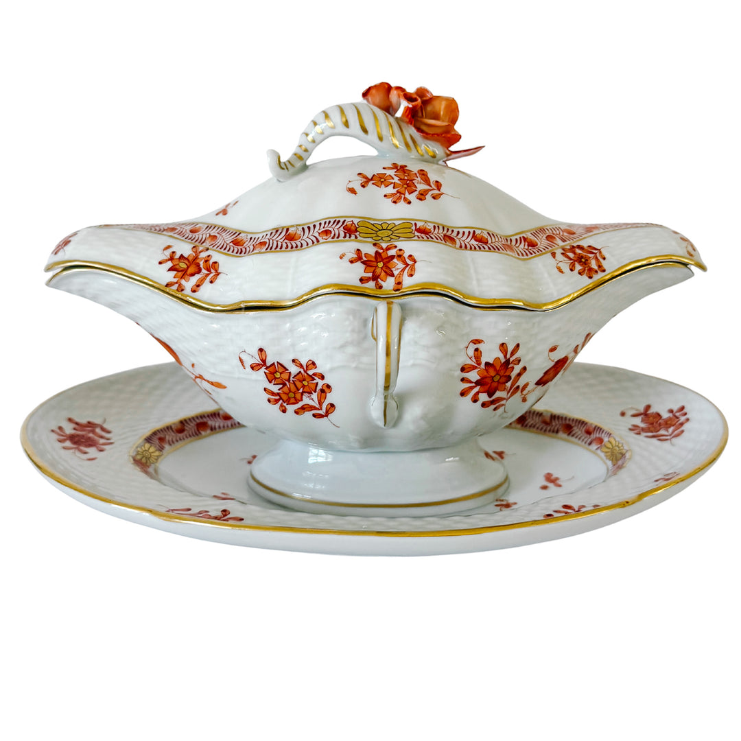 Herend Chinese Bouquet Rust Gravy Boat With Attached Plate & Lid and Rose Finial