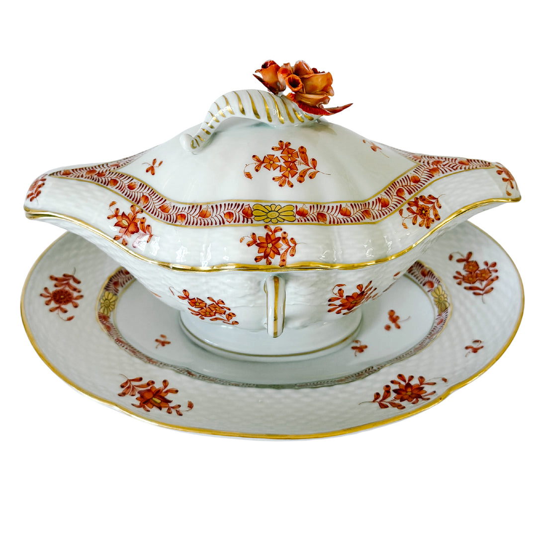 Herend Chinese Bouquet Rust Gravy Boat With Attached Plate & Lid and Rose Finial