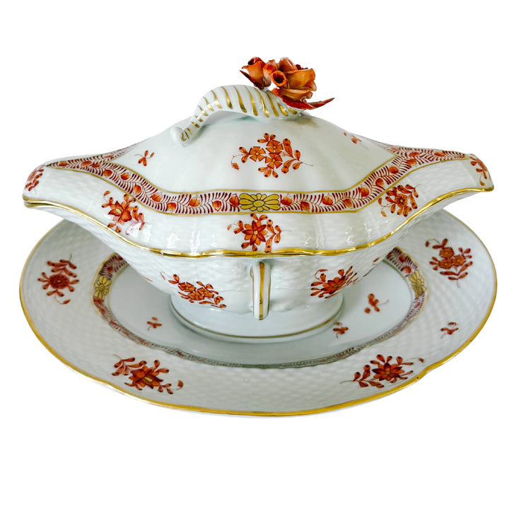 Herend Chinese Bouquet Rust Gravy Boat With Attached Plate & Lid and Rose Finial