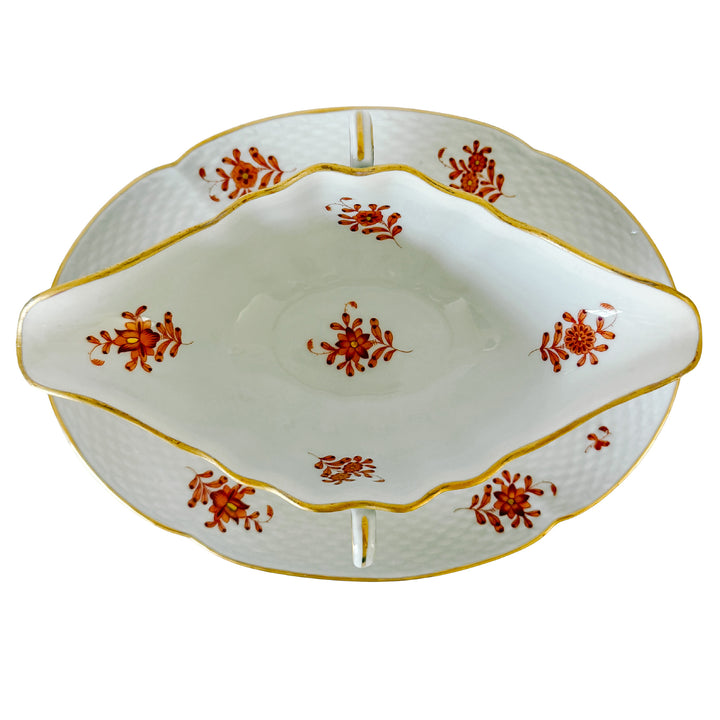Herend Chinese Bouquet Rust Gravy Boat With Attached Plate & Lid and Rose Finial