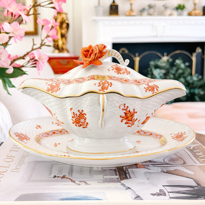 Herend Chinese Bouquet Rust Gravy Boat With Attached Plate & Lid and Rose Finial