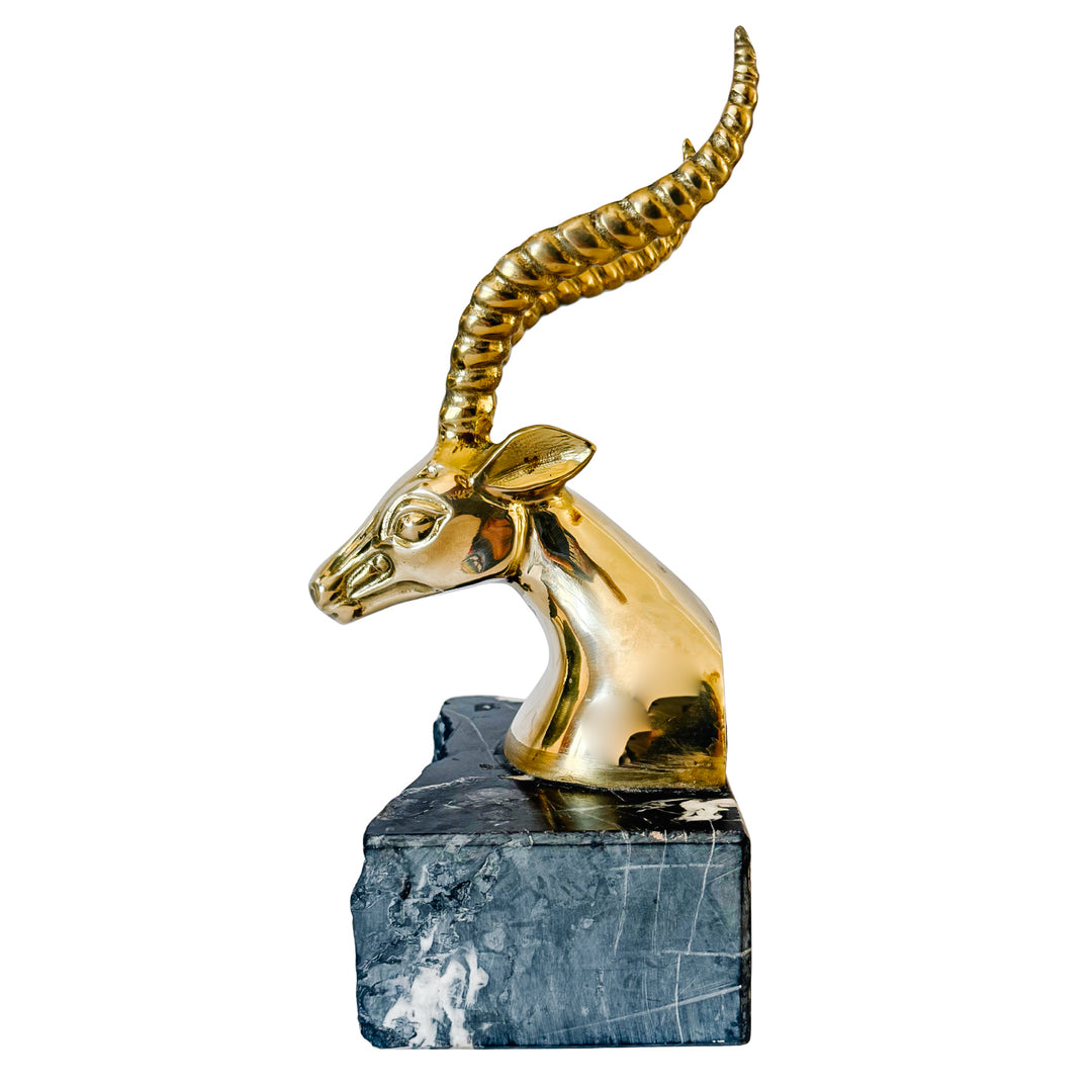 Large Hollywood Regency Brass Gazelle / Antelope Head Bookends on Raw Edge Marble Bases