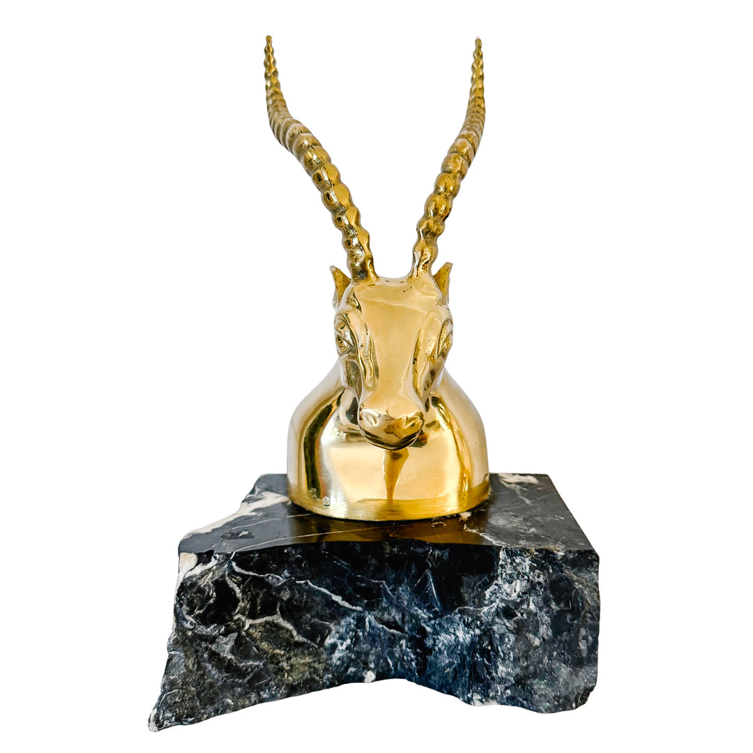 Large Hollywood Regency Brass Gazelle / Antelope Head Bookends on Raw Edge Marble Bases