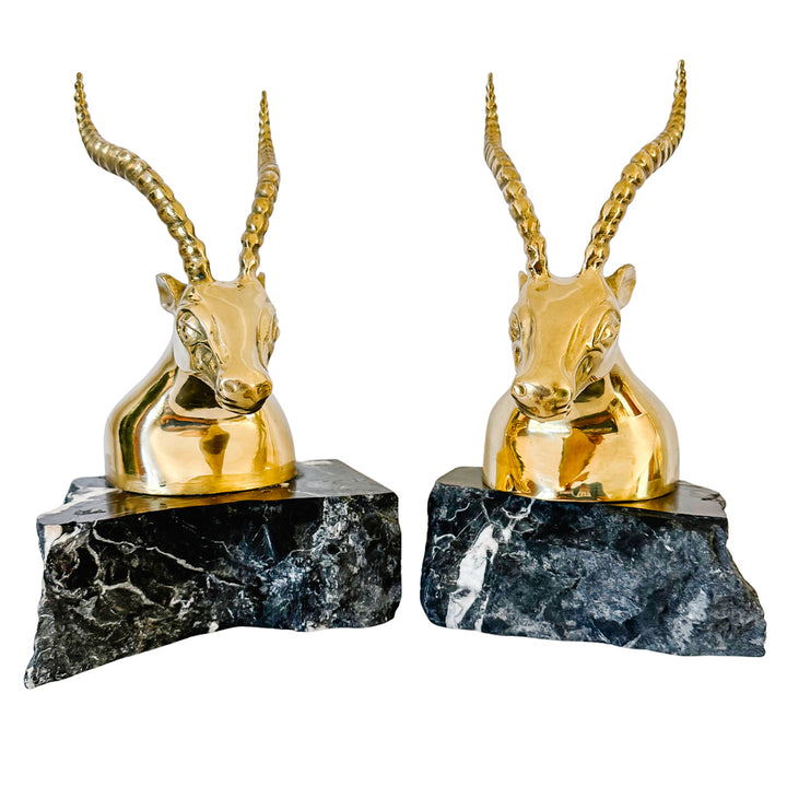 Large Hollywood Regency Brass Gazelle / Antelope Head Bookends on Raw Edge Marble Bases