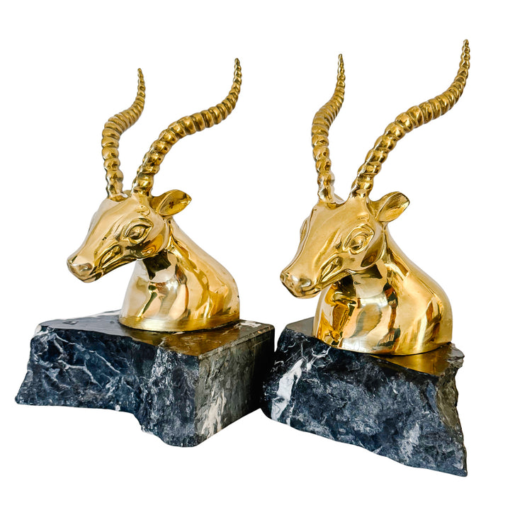 Large Hollywood Regency Brass Gazelle / Antelope Head Bookends on Raw Edge Marble Bases