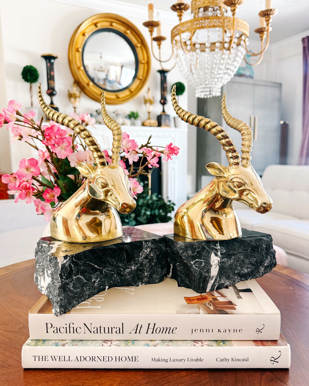 Large Hollywood Regency Brass Gazelle / Antelope Head Bookends on Raw Edge Marble Bases