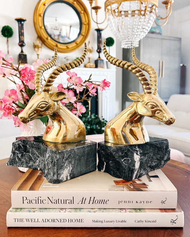 Large Hollywood Regency Brass Gazelle / Antelope Head Bookends on Raw Edge Marble Bases