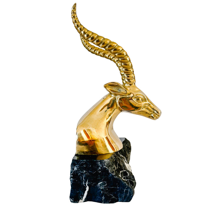 Large Hollywood Regency Brass Gazelle / Antelope Head Bookends on Raw Edge Marble Bases
