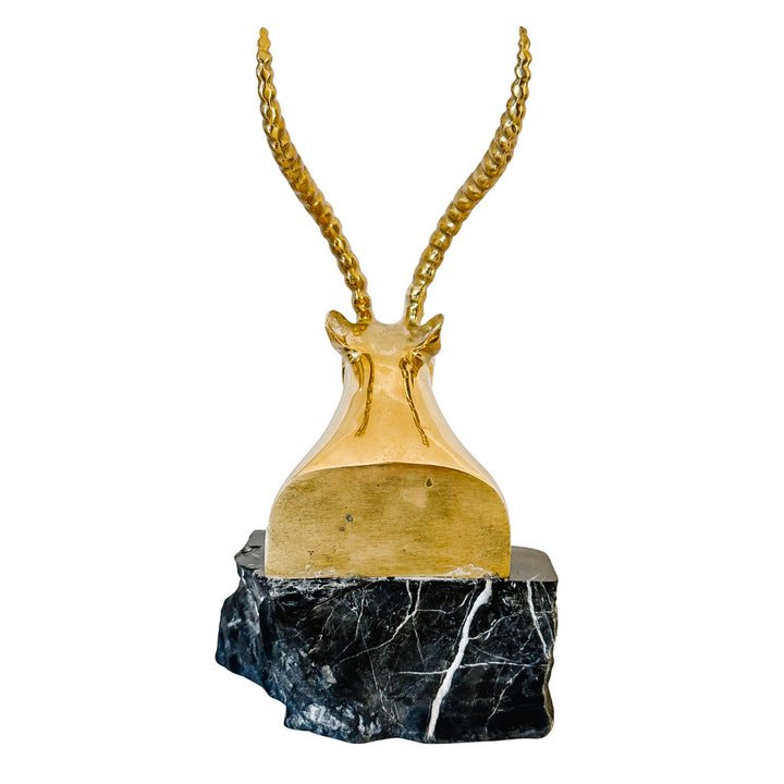 Large Hollywood Regency Brass Gazelle / Antelope Head Bookends on Raw Edge Marble Bases
