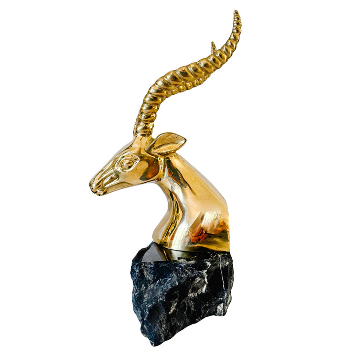 Large Hollywood Regency Brass Gazelle / Antelope Head Bookends on Raw Edge Marble Bases