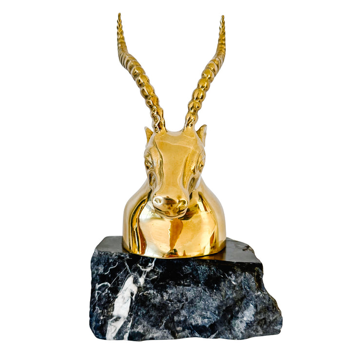 Large Hollywood Regency Brass Gazelle / Antelope Head Bookends on Raw Edge Marble Bases