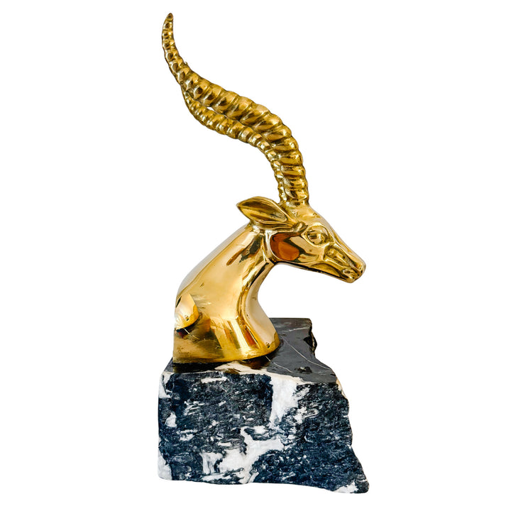 Large Hollywood Regency Brass Gazelle / Antelope Head Bookends on Raw Edge Marble Bases