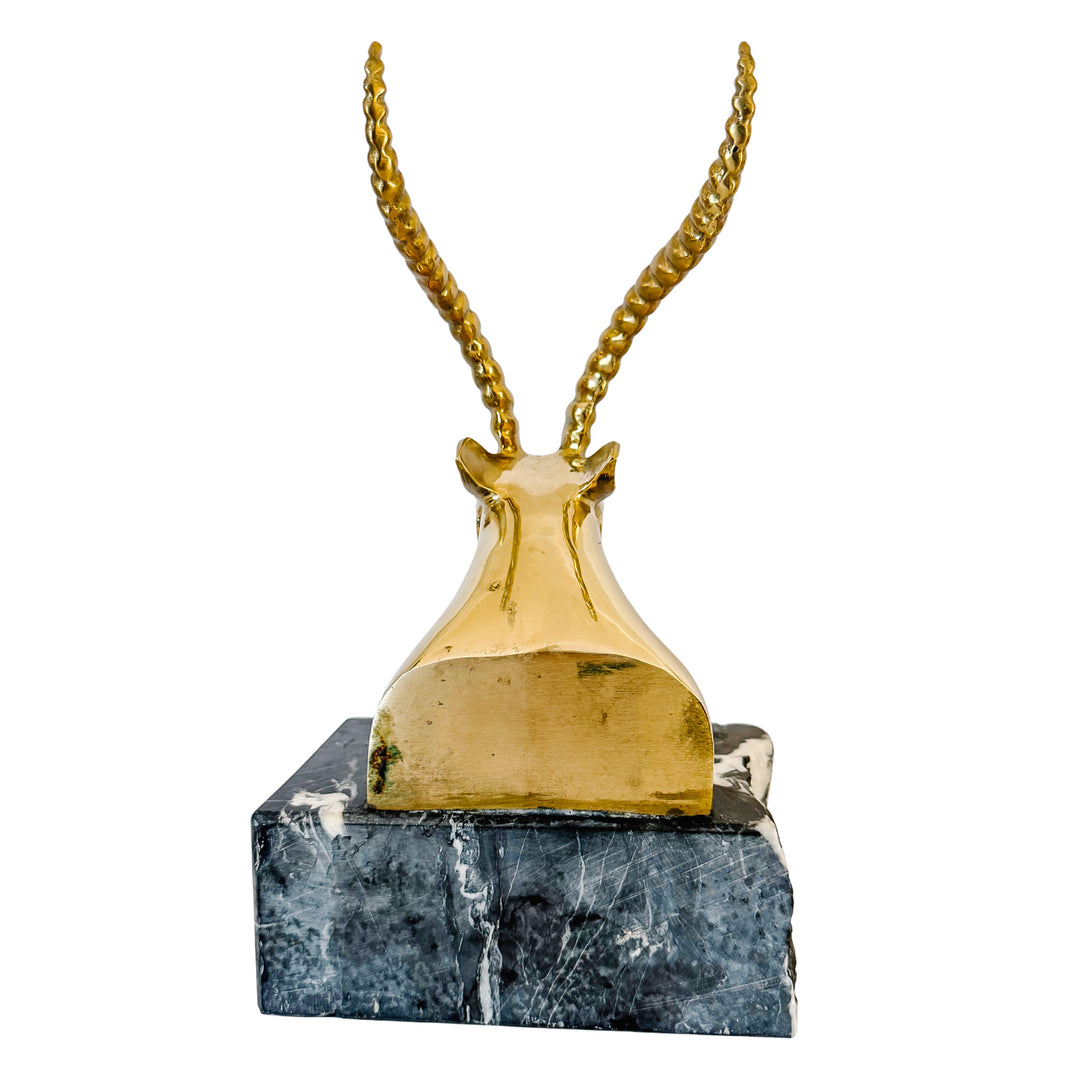 Large Hollywood Regency Brass Gazelle / Antelope Head Bookends on Raw Edge Marble Bases
