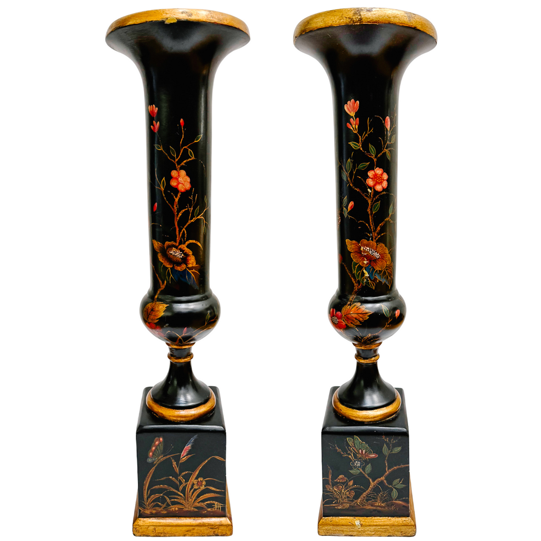 Hollywood Regency Chinoiserie Black Lacquer Hand-Painted Vases