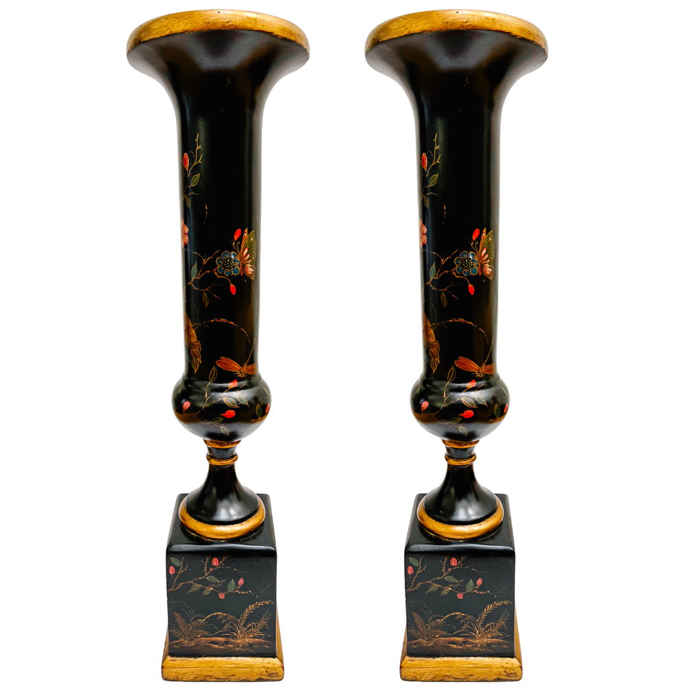 Hollywood Regency Chinoiserie Black Lacquer Hand-Painted Vases