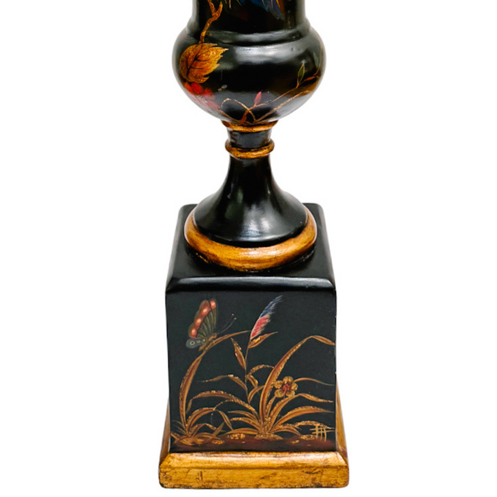 Hollywood Regency Chinoiserie Black Lacquer Hand-Painted Vases