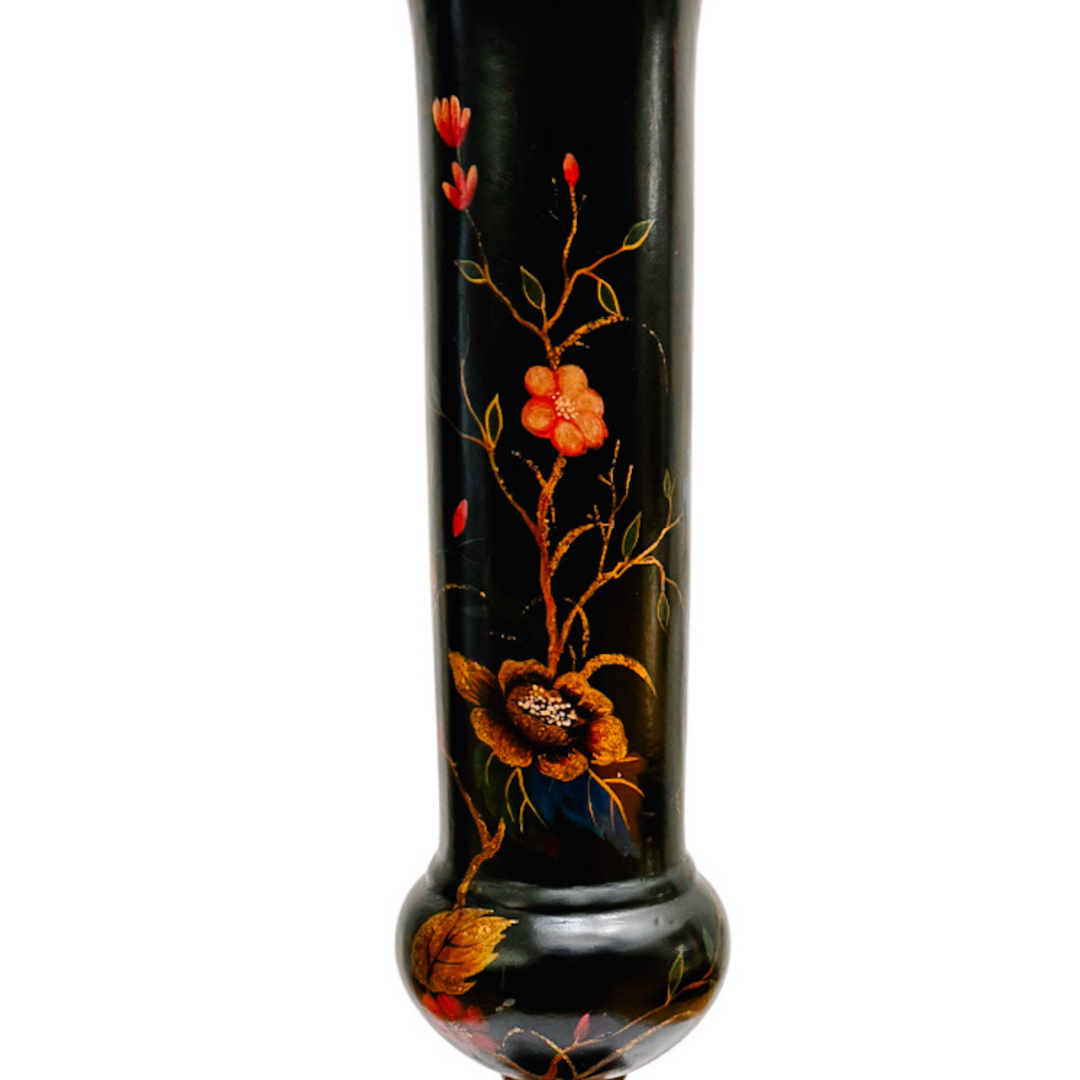 Hollywood Regency Chinoiserie Black Lacquer Hand-Painted Vases