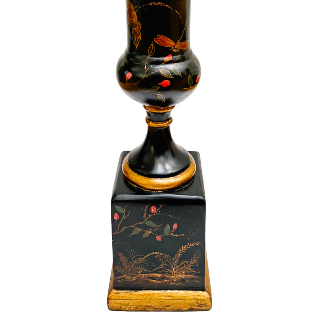 Hollywood Regency Chinoiserie Black Lacquer Hand-Painted Vases