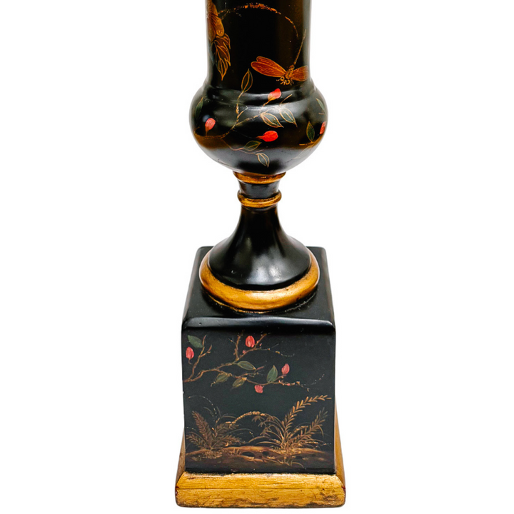 Hollywood Regency Chinoiserie Black Lacquer Hand-Painted Vases