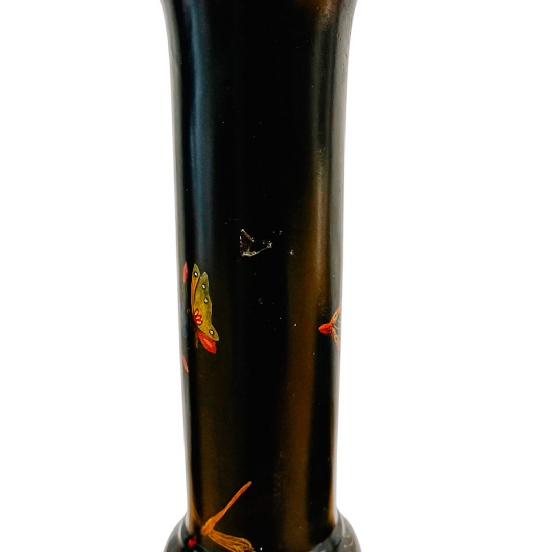 Hollywood Regency Chinoiserie Black Lacquer Hand-Painted Vases
