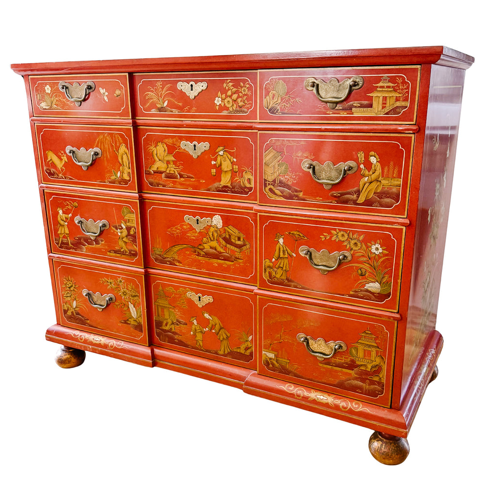 Hollywood Regency Chinoiserie Red Lacquered Hand-Painted Chest of Drawers Attributed To Baker Furniture