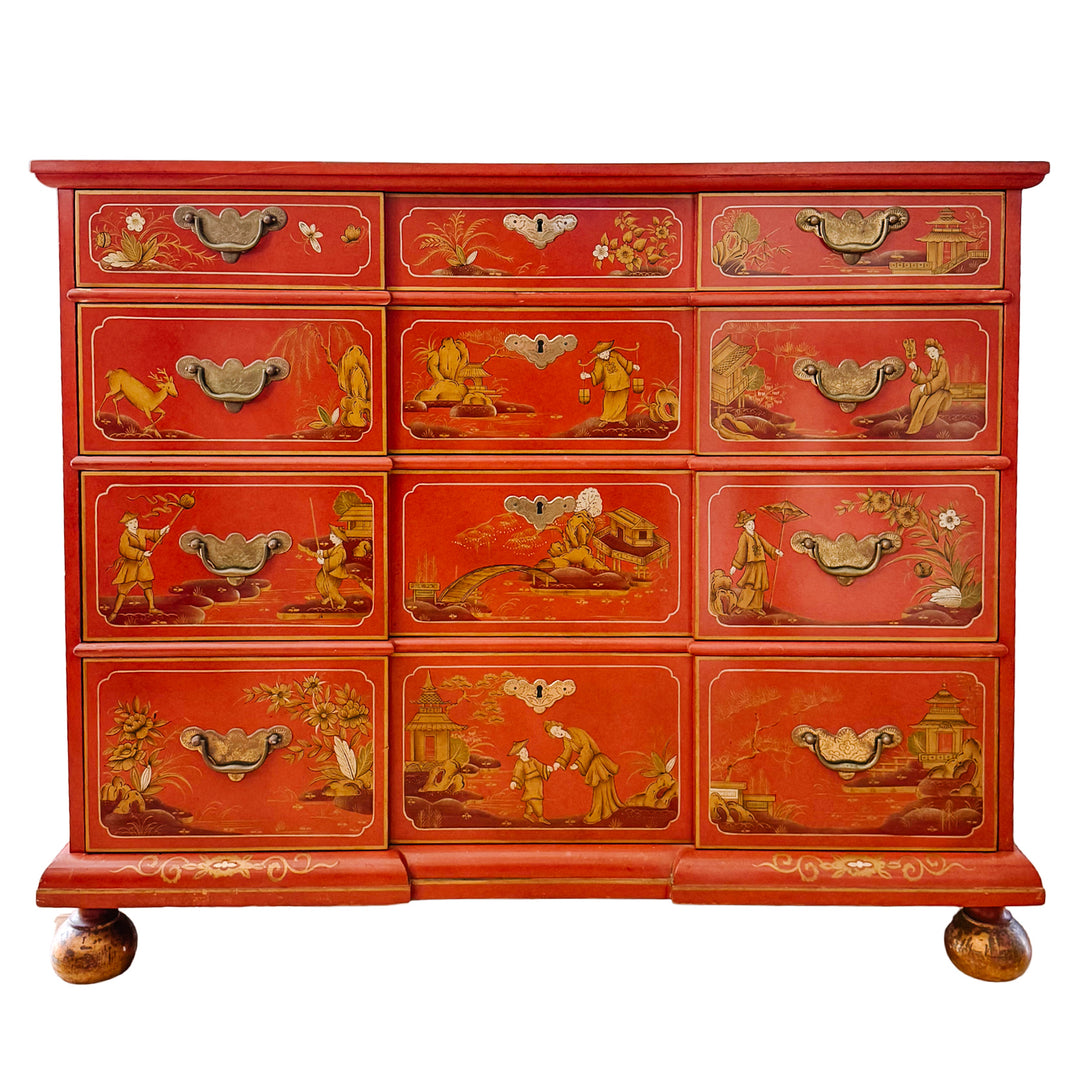 Hollywood Regency Chinoiserie Red Lacquered Hand-Painted Chest of Drawers Attributed To Baker Furniture