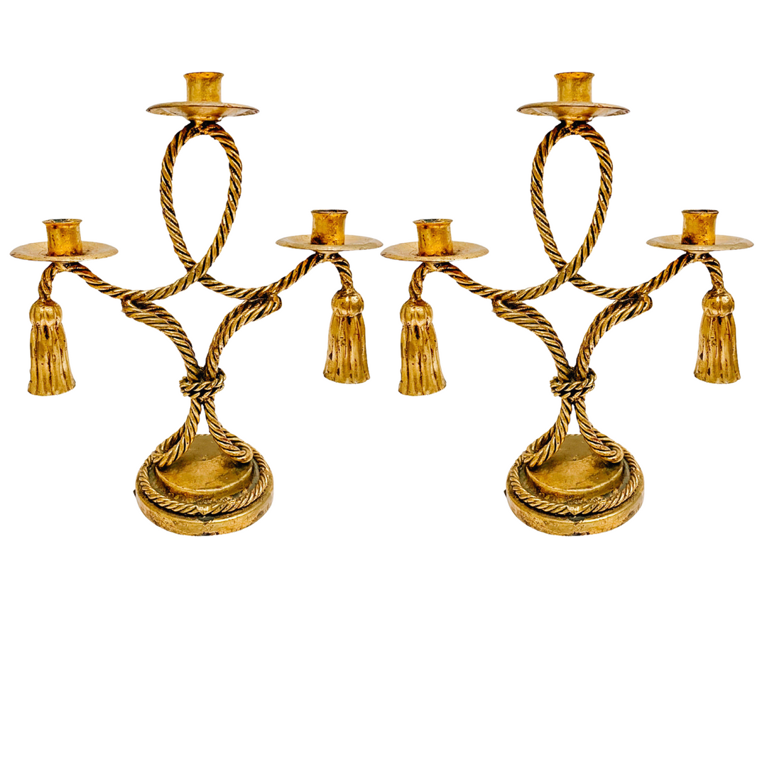 Hollywood Regency Italian Tole Rope & Tassels Candelabras