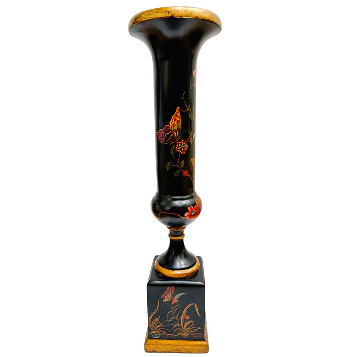 Hollywood Regency Chinoiserie Black Lacquer Hand-Painted Vases